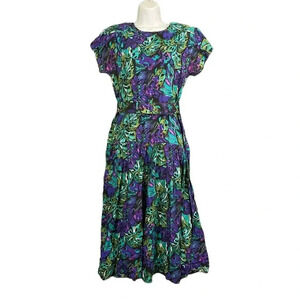 VTG Luci‎ Pellini Tropical Floral Print Dress Sz 10 Regular 80's Belted Women's
